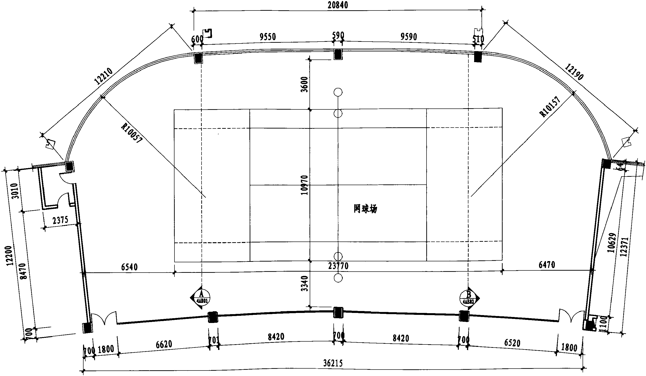 四层网球场平面布置图 1:200